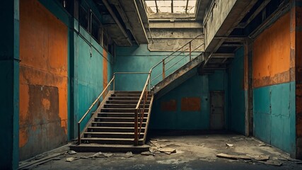 A photo of a rusty old building reminiscent of a future dystopian society. Generative AI.