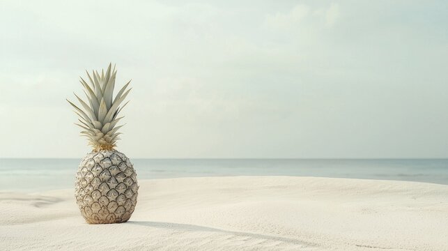 Single pineapple on a white sandy beach.