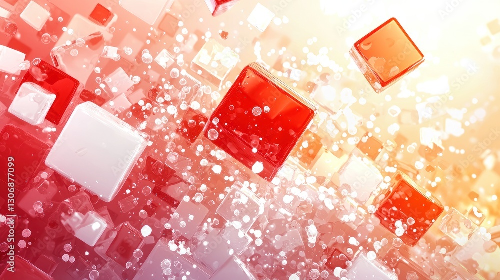 Poster abstract red and white cubes floating in bright background.