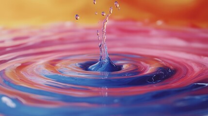 Colorful liquid drop impacting surface creating concentric ripples.