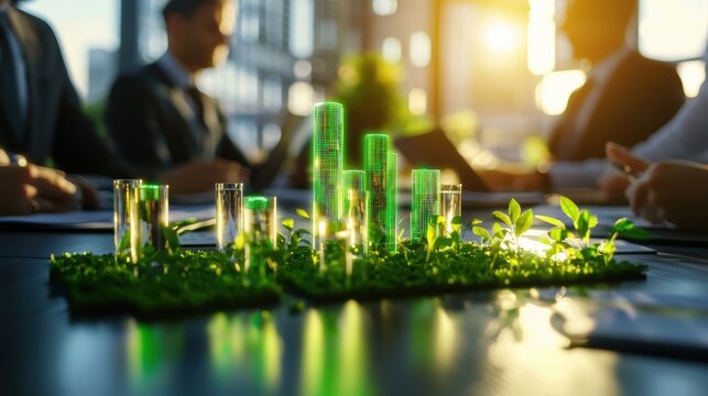 A modern office scene featuring green plants and test tubes, symbolizing sustainability and innovation in a collaborative environment.