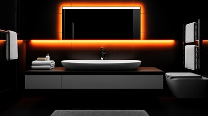 Modern dark bathroom with orange LED lights, sink, mirror, and towels.