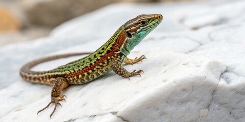 Naklejka premium Common Wall Lizard Sunbathing on Marble - Aerial Photography of Podarcis Muralis