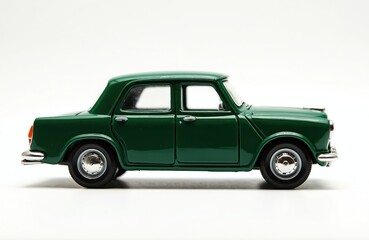 Fototapeta premium Vintage green toy car model on transparent background. Transportation concept, old-fashioned vehicle. Antique classic miniature automobile, collectable retro plaything. Nostalgia evokes childhood