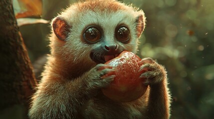 Naklejka premium Adorable baby lemur eating a red fruit in a forest.