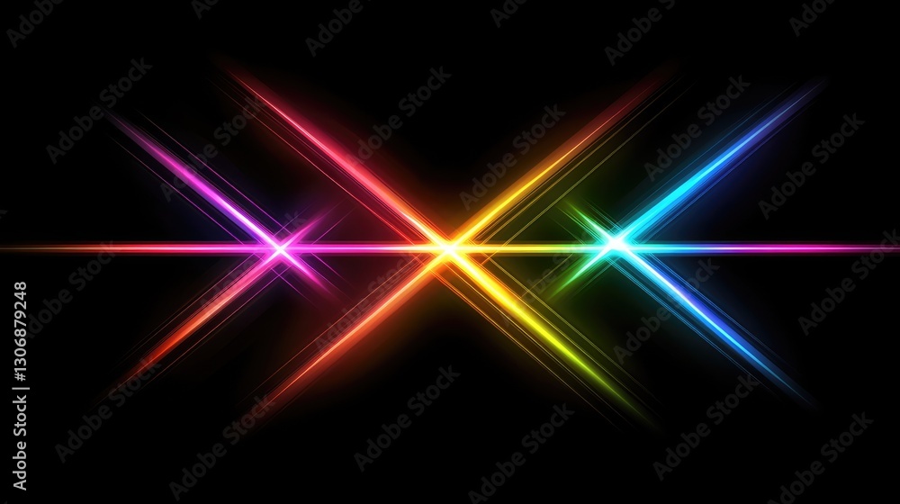 Poster multiple intersecting laser beams in different neon colors creating an abstract, glowing pattern wit