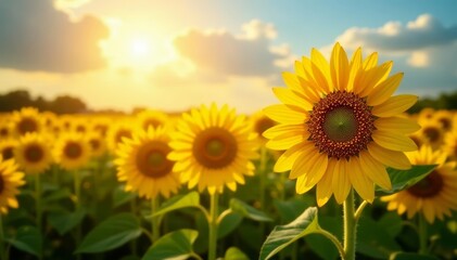 Obraz premium Sunlit field of sunflowers, vibrant yellow hues, agriculture, blossom, summer