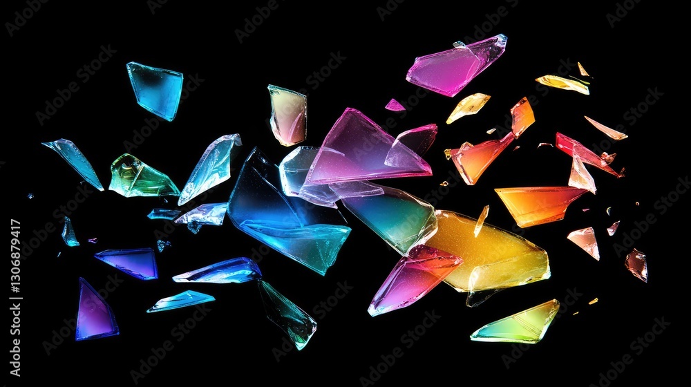 Poster neon glass shards floating in dark space, glowing reflections creating a digital and futuristic atmo
