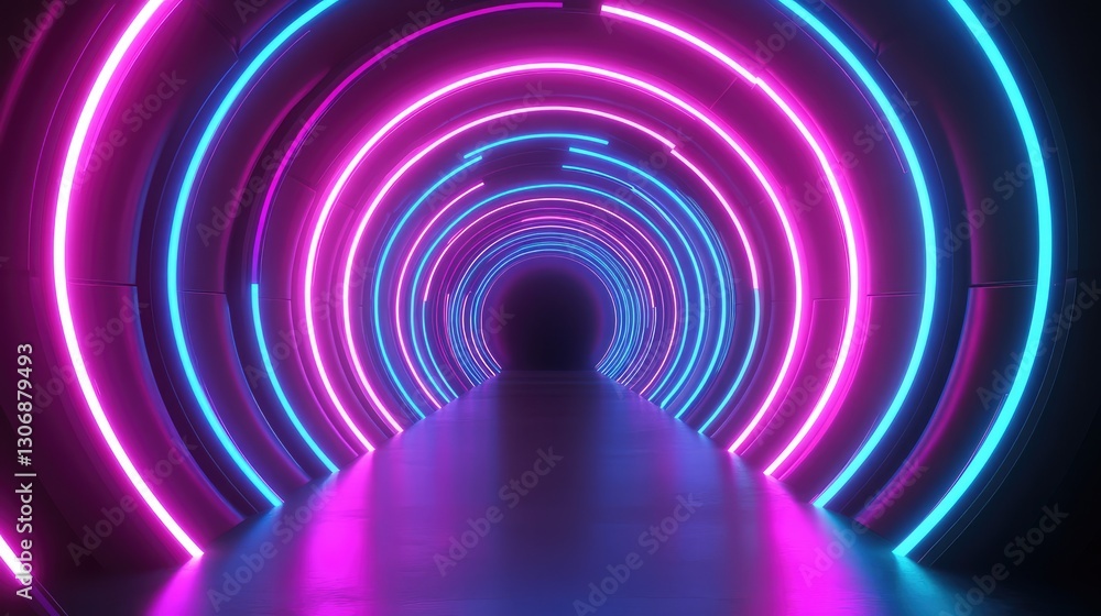 Poster neon light circular tunnel, deep glowing reflections in a sci-fi atmosphere, perfect for tech backgr