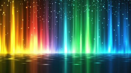 Neon horizon line with glowing particles flowing in the background, abstract digital landscape with copy space.