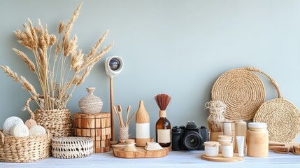 Product photography setup with a camera, lighting equipment, and handmade crafts, e-commerce business theme with copy space.