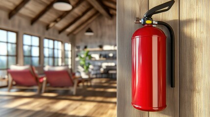 Obraz premium Red fire extinguisher mounted on wooden wall in cozy modern interior with bright windows and comfortable seating area in background