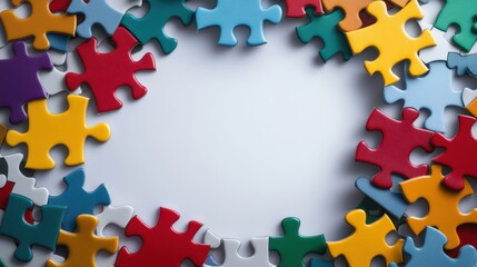 Colorful puzzle pieces arranged in a circular frame on a plain background, perfect for creativity, education, or problem-solving themes in design projects