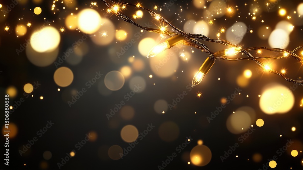 Poster soft glowing effect of christmas string lights with delicate bokeh circles, floating against a dark 