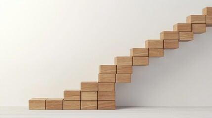 Stacked wooden blocks forming an ascending staircase, business growth and achievement concept with copy space.