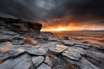 Obraz premium Dramatic sunset over rocky landscape.