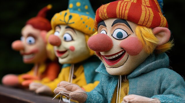 Three vintage marionette puppets with colorful clothing and large noses, sitting in a row.