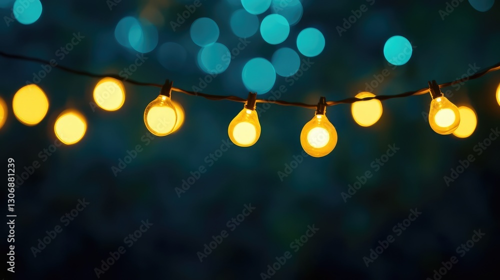 Poster strings of decorative bokeh lights glowing in the distance, providing a soft illumination against a 