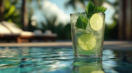 fresh summer drink with lime and mint near pool. ai generated
