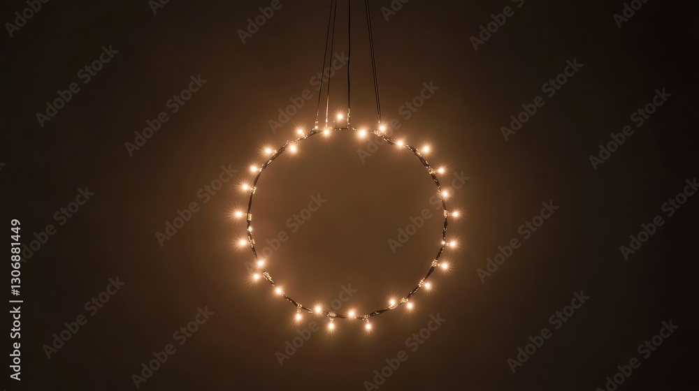 Poster twinkling decorative lights in a circular pattern, suspended in the air, surrounded by a dark backgr