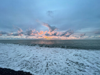 Sea wave and sunset sky with cloud. Atmosphere romantic outdoors scenery background