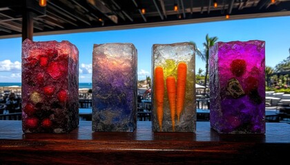 Four colorful ice sculptures with fruits and vegetables, displayed on a bar with ocean view.