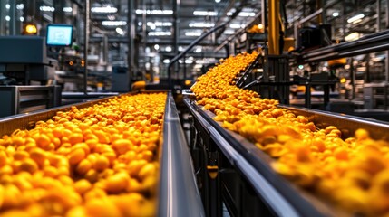 A vibrant production line showcasing bright yellow fruits moving along conveyor belts in a modern warehouse setting.