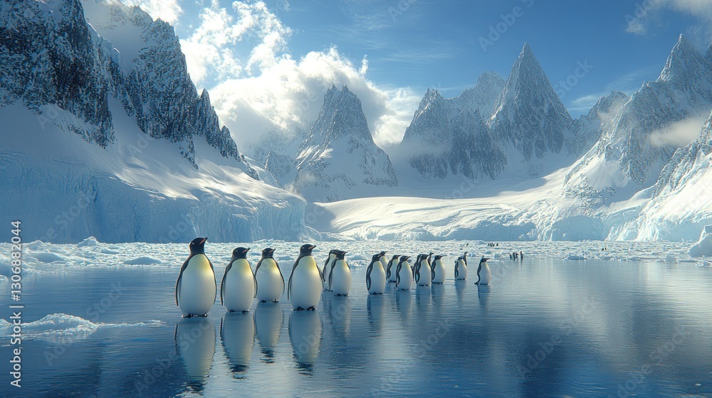 Wall mural emperor penguins standing in a line on ice in antarctica with mountains in the background.