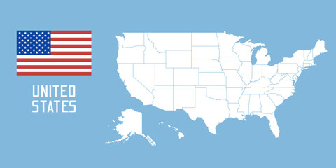 USA map. Vector US map with USA flag isolated on blue background.	