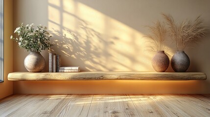 Sunlit minimalist room interior with wooden shelf, vases, flowers, and books.