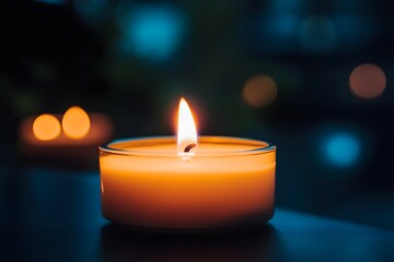 Burning white memorial candle burning in the foreground