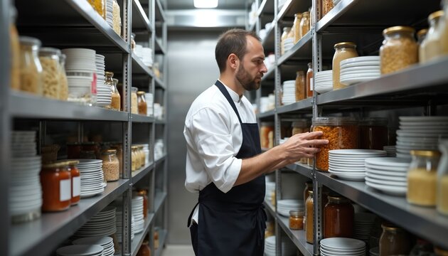 Chef checking food supplies in restaurant kitchen pantry. Cook controls inventory level. Eatery manager monitoring food ingredient stock, tracking product logistic, monitoring organization, supply