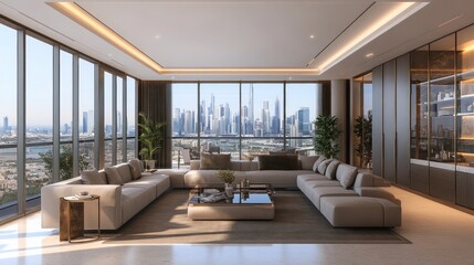 Fototapeta premium Luxurious modern apartment interior design with panoramic city views visible