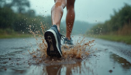 Low angle closeup of runner legs splashing muddy puddle in rainy weather. Athlete shoe hits ground creating water, mud splashes from behind. Fit jogger exercises, trains hard in park. Motion photo.
