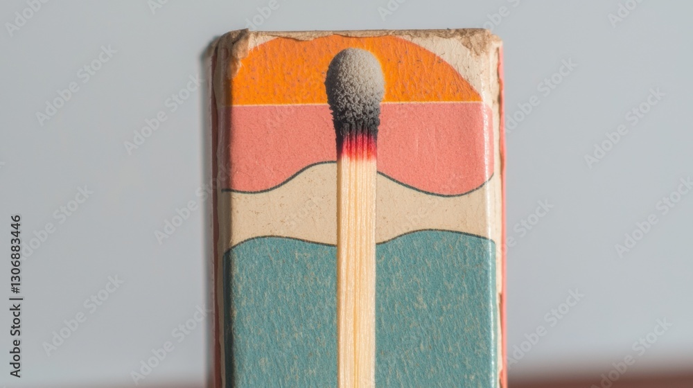 Poster close-up of a matchbox with a matchstick sticking out of it. the matchbox is rectangular in shape an