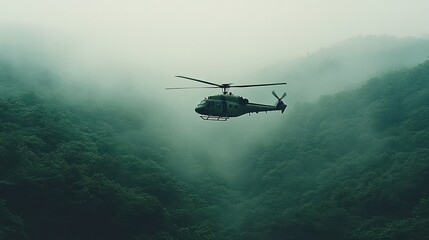 Helicopter flying through foggy mountain valley.