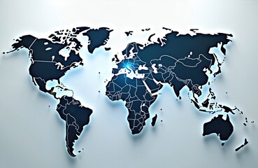 World map illustration with glowing continents, countries borders. Globalisation concept graphic element. Dark blue earth planet 3d render, network connection background for business, tech solutions.
