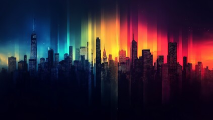 Fototapeta premium A minimalist city skyline with a deep black silhouette and a bright, colorful gradient sky. 
