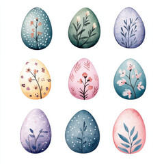 Fototapeta premium Cute Easter eggs Clipart, Pastel Watercolor Spring colorful eggs, Boho Nursery Graphic Set, Digital art, Transparent background,