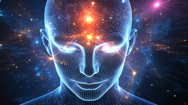 A digital representation of human consciousness as a wireframe with the cosmos exploding within.