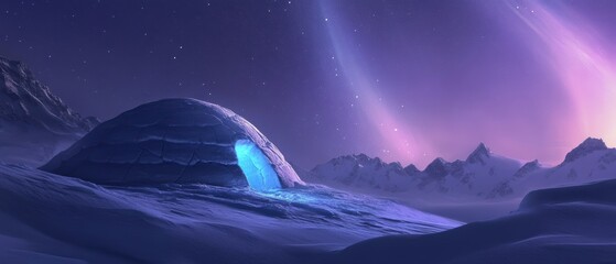 Obraz premium Serene Arctic Landscape Featuring Igloo Under a Starry Sky with Colorful Auroras Illuminating the Night and Majestic Mountains in the Background