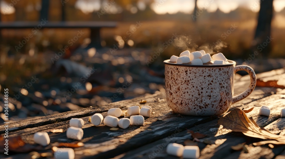 Poster hot cocoa with marshmallows on autumn bench.