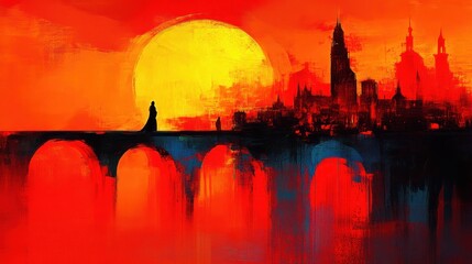 Naklejka premium Sunset over a gothic city, lone figure on a bridge.