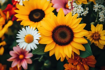 Naklejka premium Vibrant spring flower collections featuring wildflowers, daisies, and sunflowers for seasonal decor, crafts, and print designs perfect for celebrations and diy projects