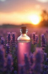 Glass bottle of lavender essential oil surrounded by fresh flowers at sunset. Aromatherapy spa massage concept with Lavandula oleum in flowering field. Natural beauty, wellness.