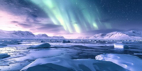 Fototapeta premium A pristine Arctic landscape of endless ice and snow, the aurora dancing in the night sky above the frozen expanse