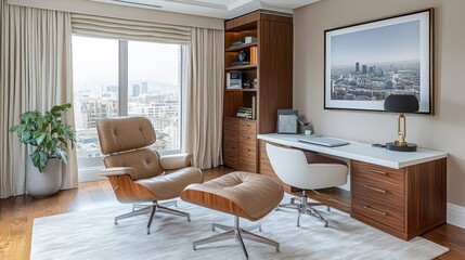 Modern home office with city view, leather chair, and built-in desk.