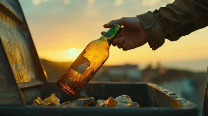 Person throwing away empty glass bottle into trash can at sunset.