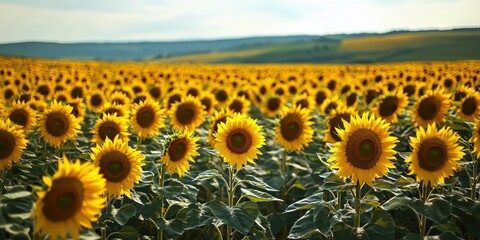 Fototapeta premium A vast sunflower field stretching towards the horizon, the golden flowers swaying under the spring breeze