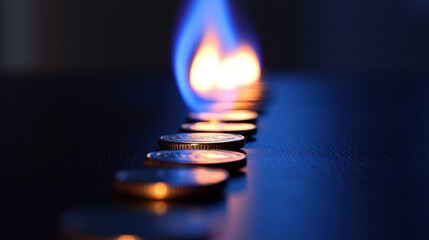 Burning money concept; coins in a row with flame.